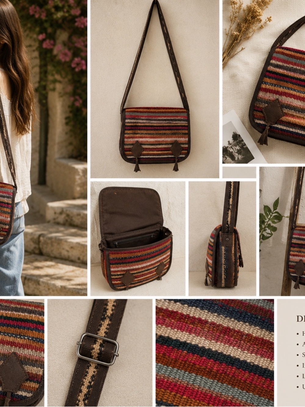 Handmade Boho Crossbody Bag Woven Stripe Shoulder Purse Ethnic Artisan - Picture 12 of 12